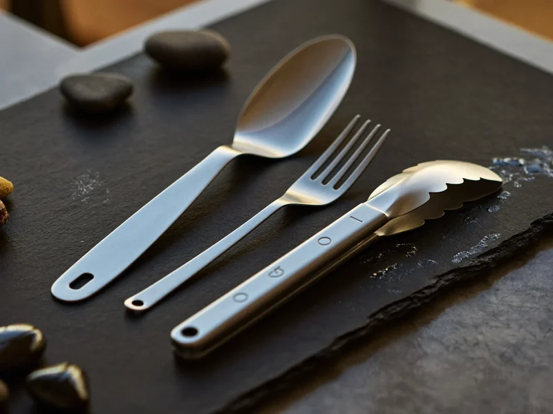 Illustration: Grillzange, Wender und Gabel aus Edelstahl auf Schiefer