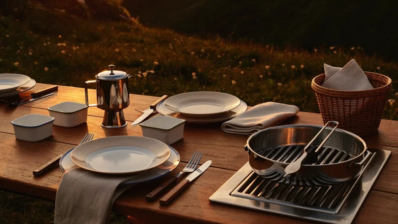 Illustration: Holztisch im Alpengarten mit Grillbesteck, Emailleteller und Korb